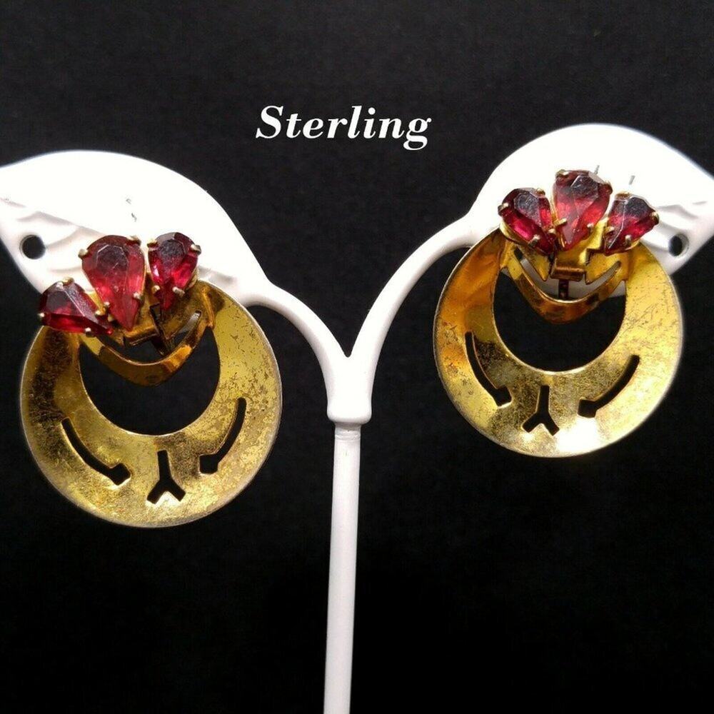 Vintage Sterling Red Rhinestone Dangle Screw Back Earrings, 1940s, Gold Wash